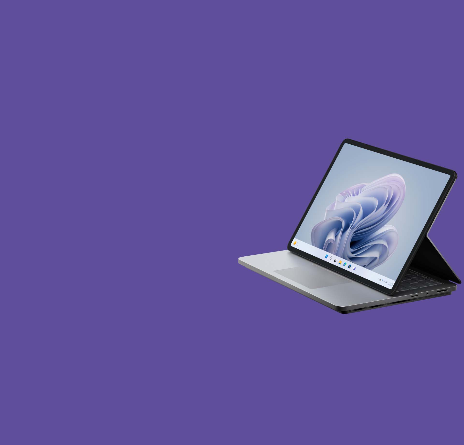 Surface Laptop Studio 2 的侧视图，显示 Windows bloom 屏幕。