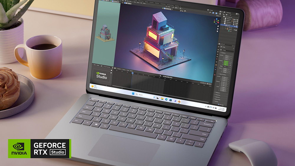 笔记本模式下的 Surface Laptop Studio 2 的局部视图，旁边是桌子上的糕点和一杯咖啡。