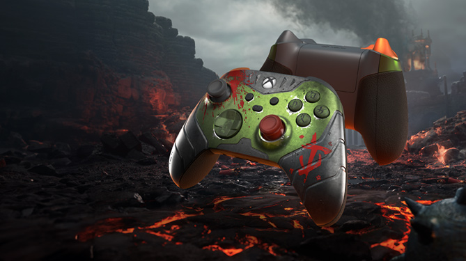 Xbox 无线控制器《毁灭战士：黑暗时代》限量版正面和背面视图