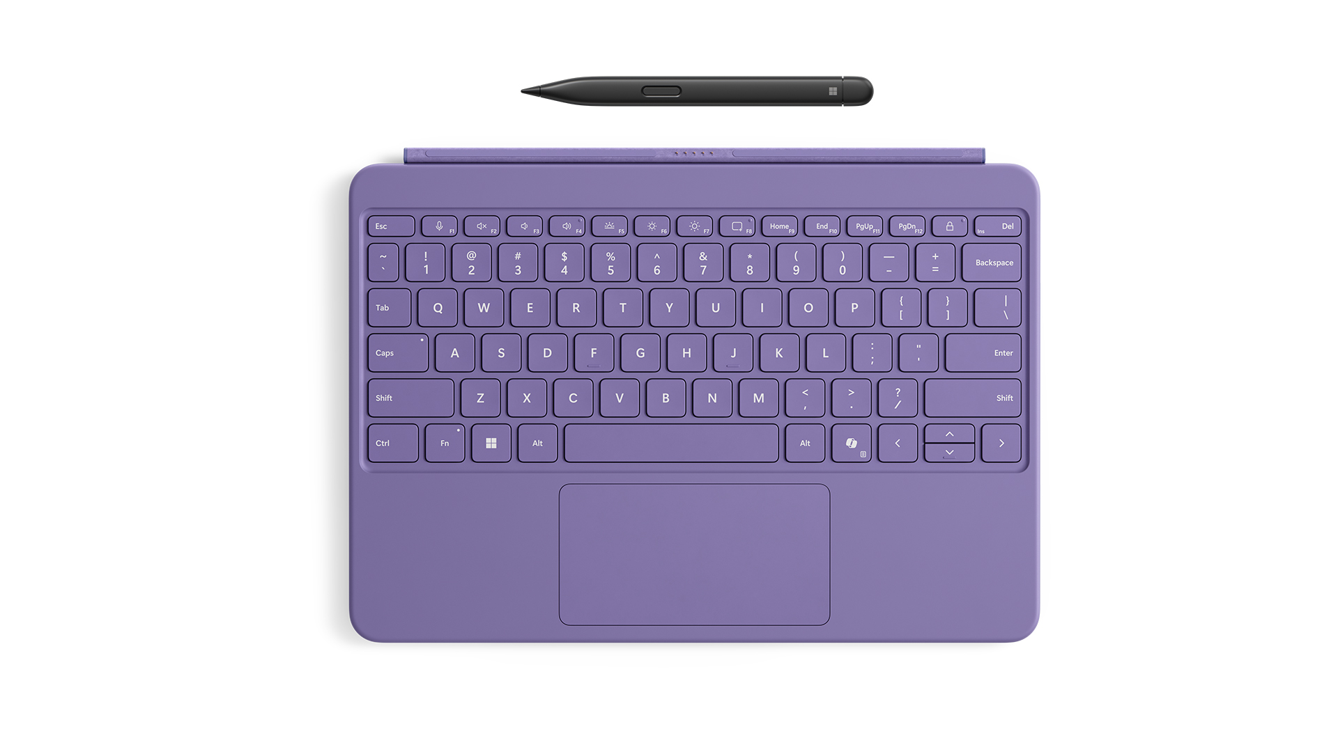  Surface 超薄触控笔置于罗兰紫 Surface Pro 12 英寸键盘盖上方。