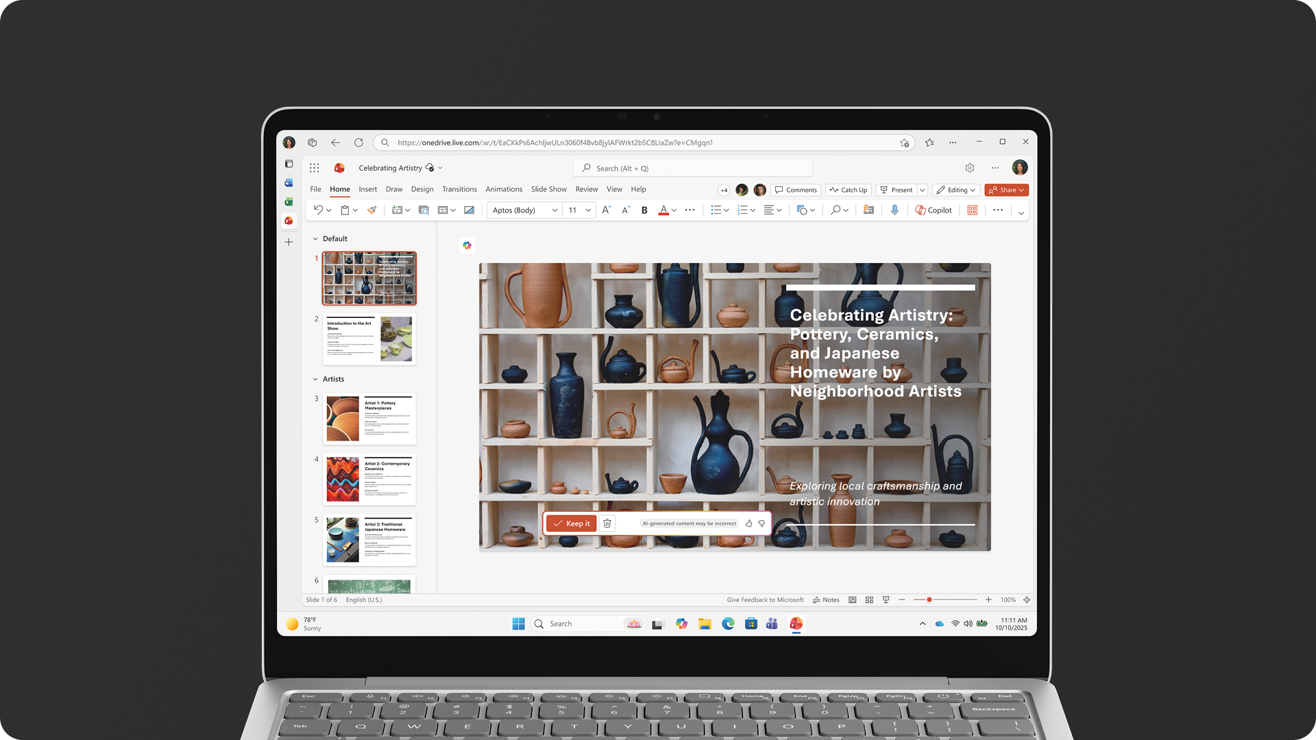 一台 Surface 设备，屏幕显示 PowerPoint 幻灯片界面。