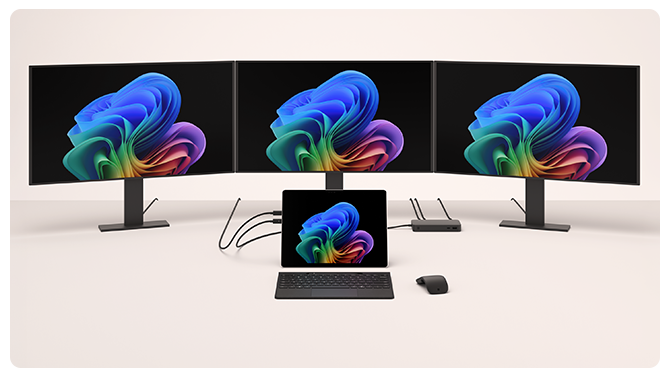连接三台外接显示器的 Surface Pro 商用版。