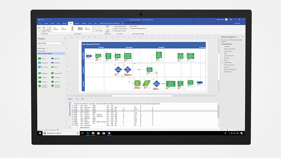 连接到外部数据的贷款审批流程 Visio 流程图。