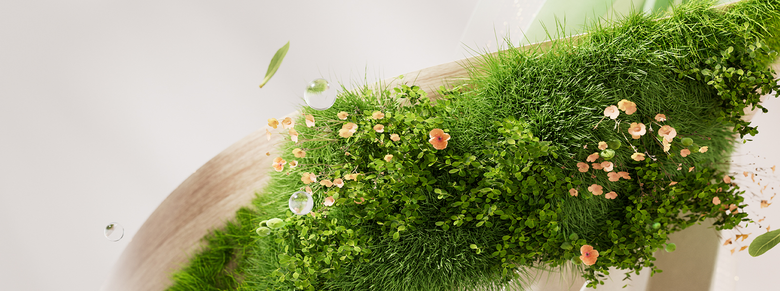 郁郁葱葱的绿草中盛开的花朵，体现了 Microsoft 对可持续发展的环境承诺。