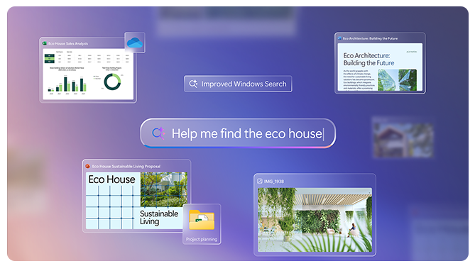 改进的 Windows 搜索查询界面，展示跨应用的各类搜索结果。