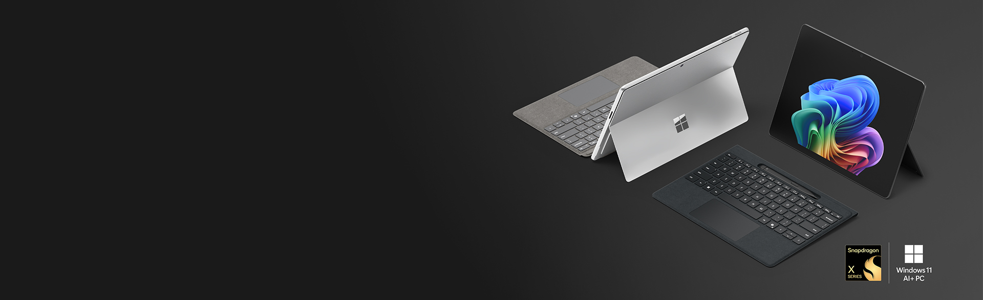 亮铂金配色与典雅黑配色的Surface Pro 商用版，均为搭载 Snapdragon® 处理器的 Windows 11 AI+ PC，可搭配 Surface Pro 13 英寸 Flex 键盘盖使用。