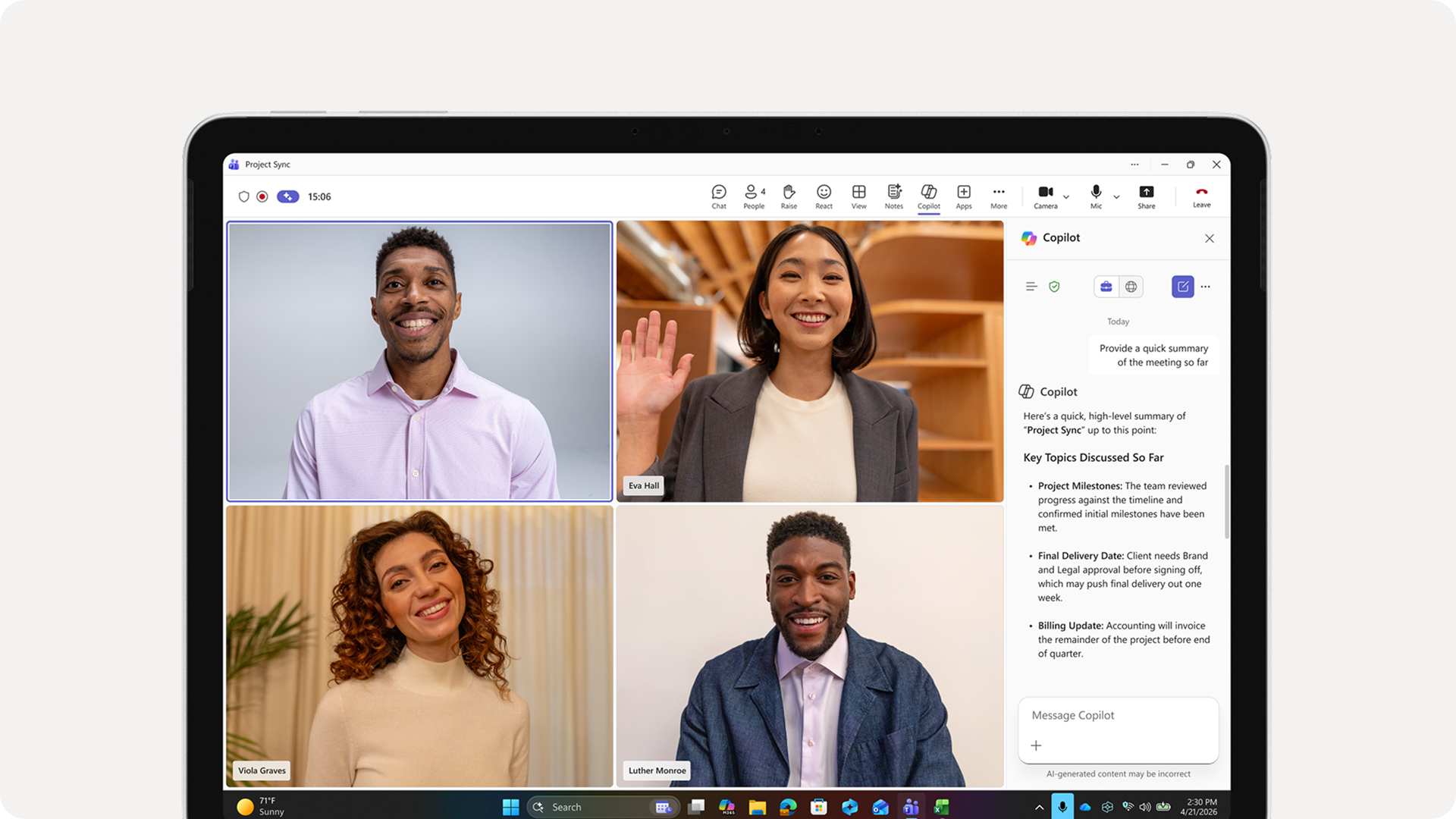 Surface Pro 商用版上 Teams 通话界面的特写。