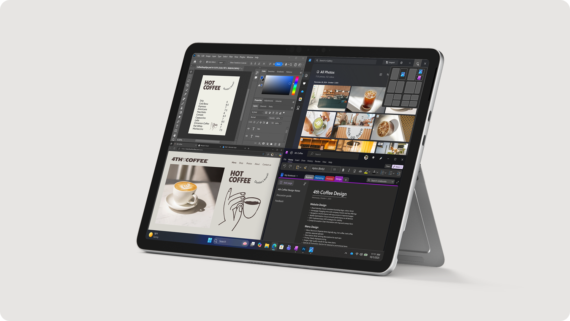 同时运行多个应用程序的 Surface Pro 商用版。