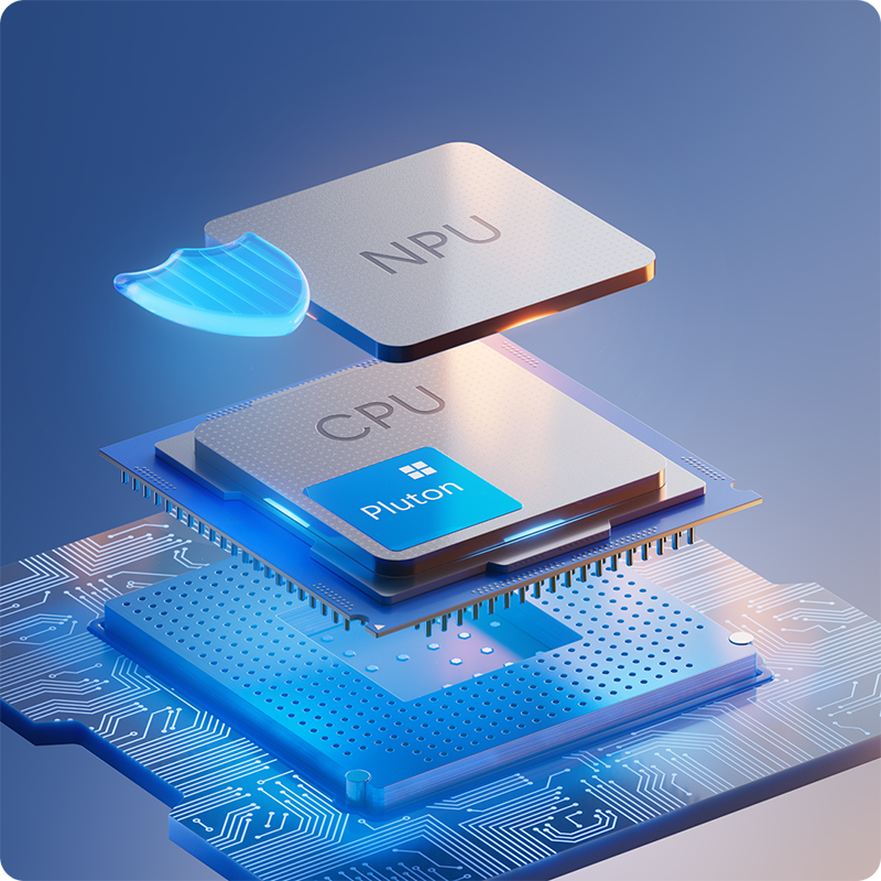 NPU、CPU 与主板的抽象特写画面，凸显设备的安全能力从硬件底层内置。 