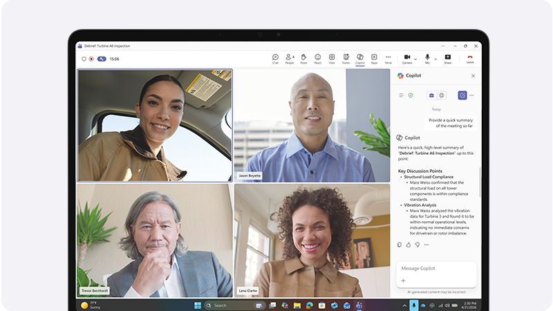 Surface Laptop 商用版 上 Teams 通话界面的特写。